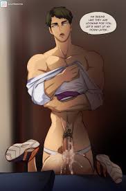 idoraad, hinata shouyou, ushijima wakatoshi, haikyuu!!, two-tone footwear,  highres, 2boys, anal, ass, blurry, blurry background, brown hair, cum, cum  in ass, english text, head out of frame, indoors, male focus, male pubic