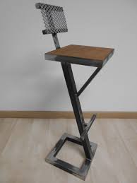 Tabouret De Bar Style Industriel Metal Bois Creation Artisanale Dossier Tole Perforee 2 Welded Furniture Metal Furniture Steel Furniture