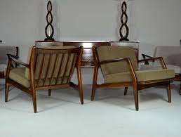 Ib kofod larsen for selig in walnut finish with medium gray wool upholstery. Ib Kofod Larsen For Selig Lounge Chairs At 1stdibs