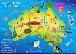Map Of Australia With Icons Sydney Harbour Bridge Melbourne Tram Canberra Parliament Building Canberra Australia Melbourne Tram Australia Map