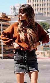 Cute Fall Outfit To Try Right Now Brown Sweater And Denim Skirt Fall Outfits Comfy Fall Outfits Denim Skirt Fashion