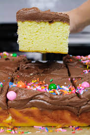 For me a sheet cake is a cake that is made on one single baking sheet, my favorite size is 9×13 but you can also use a 10.5×15.5 inch pan. Yellow Sheet Cake With Decadent Chocolate Frosting
