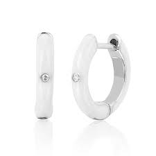 9k white solid gold mini white crystal huggie earring. Ef Collection 14k White Gold Diamond White Enamel Huggie Earrings