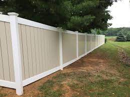 Fencing installation costs vary according to numerous factors. Beautiful Fence Installation Job In Schnecksville Of Semi Privacy Vinyl Fence In 2 Tone Tan White By Ryan Hi Vinyl Fence White Vinyl Fence Building A Fence