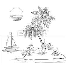 Contour Navire Le Soleil La Mer Ile Tropicale Avec Palmiers Et Fleurs Noir Sur Fond Blanc Beach Drawing Palm Tree Drawing Beach Coloring Pages