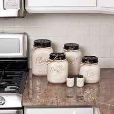 New ceramic cream farmhouse country white storage canisters w wooden lids set/3. Ceramic Farmhouse Mason Jar Canister Set Kitchen