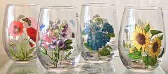 Botanic Garden Portmeirion Stemless Wine Glasses Set 4 Floral 5 In 20oz New Ebay Stemless Wine Glasses Fun Wine Glasses Wine Glasses