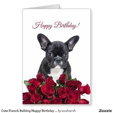 Birthday Wishes In French For Boyfriend Cute French Bulldog Happy Birthday Red Roses Card Zazzle Com In 2020 Bulldog Happy Birthday Cute French Bulldog Happy Birthday Cards