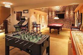 Basement Game Room Basement Traditional With Brick Accent Wall Pinball Machine Pressed Tin Game Room Decor Game Room Basement Game Room Family