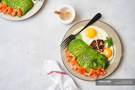 Bacon, eggs and a fresh avocado salsa (think salsa meets gauc) are wrapped up in tender collard leaves, which can be prepped a day in advance. Healthy Breakfast With Fried Eggs And Avocado Exotic Appetizing Stock Photo 355497562