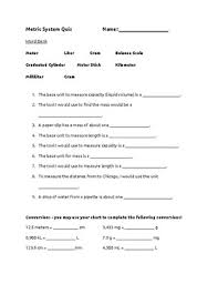 Metric System Quiz By Ann Talen Teachers Pay Teachers