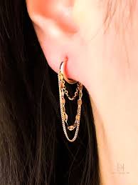 10K Real Gold, Multi Layered Hoop Earrings, Sequin and Chain Link Mixed,  Triple Layer, Dangle and Drop Chain Earrings, Dainty, Minimalist