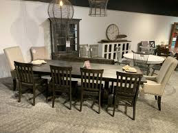 A large dining room requires a dining table 8 chairs to have an inviting appeal and provide great comfortability for your whole family. Ms1 Weathered Trestle Base Table 8 Piece Set With Upholstered End Chairs