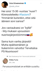 Jos vakavia allergisia reaktioita on ilmennyt aiemmin, koronarokotuksen jälkeen oireita seurataan tavallista pidempään. Riikka Purra Twitterren Pannaan Tamakin Heppu Nyt Estoon Uuden Nuorisojarjeston Kaan Ei Ole Tarkoitus Miellyttaa Oulaa Jos Meista Mikaan Osa Joskus Miellyttaa Hanta Olemme Kansanliikkeena Lopussa Ja Niin Olisi Oulakin Silla Milla Han