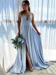 Simple V Neck Blue Long Prom Dress Blue Bridesmaid Dress With Split Op890 In 2020 Kleid Hochzeit Gast Kleid Hochzeit Kleider