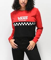 Black And White Vans Shirt Womens Vans Red Black Colorblock Crop Long Sleeve T Shirt Zumiez Long Sleeve Long Sleeve Tees Women Zumiez