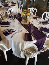 Ivory Table Linens With Eggplant Napkins And Runners Purple Wedding Tables Table Runners Wedding Wedding Table Linens