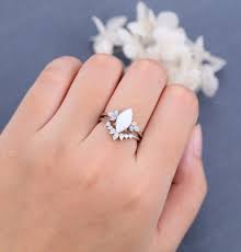 Marquise Opal Engagement Ring Set Vintage White Gold Opal Engagement Ring  Unique Cluster Promise Ring Bridal Set Wedding Ring Anniversary