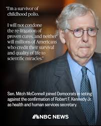 Sen. Mitch McConnell joined Democrats in voting against the confirmation of  Robert F. Kennedy Jr. as health and human services secretary.  https://nbcnews.to/42VC34e