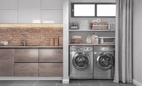 Grey kitchen cupboards white benchtop router fixture design jobs. How To Achieve Stylish And Compact Laundry Design The Good Guys