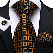 Black And Gold Tie New Black Golden Plaid Men S Necktie Pocket Square Cufflinks Set Black Outfit Men Mens Neck Ties Ties Mens Fashion