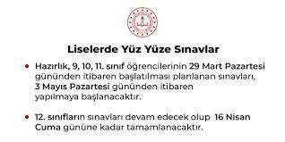Lise sınavları ne zaman yapılacak? Ortaogretim Kurumlari Liselerde Okullarda Yazili Sinav Tarihleri Nedir Ne Zaman Olacak