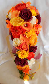 Cascading Bridal Bouquet Orange Yellow Burgundy Callas Roses Rununculus And Orc Orange Bridal Bouquet Cascading Wedding Bouquets Yellow Bridal Bouquets