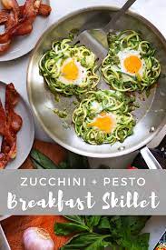 Spiralized Zucchini Pesto Egg Nests Cook At Home Mom Recipe Healthy Recipes Breakfast Vegetables Healthy Fruits
