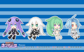 Choujigen Game Neptune Blanc White Heart Neptune Purple Heart Noire Black Heart And Vert Green Heart Art By Tsunako Anime 4 Goddesses Online Chibi