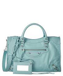 balenciaga classic silver city medium leather shoulder bag in light blue modesens