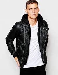 Pull Bear Hooded Faux Leather Jacket At Asos Com Jackets Men Fashion Faux Leather Jackets Leather Bomber Jacket