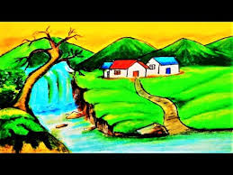 Sunset waterfall paintings scenery drawing. How To Draw A Scenery With Watercolors Easy Landscape Drawing Watercolor Painting Idea Easy Art Painting With Oil Paints