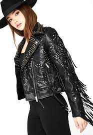 Glamorous Studded Fringe Faux Leather Jacket Dolls Kill In 2020 Black Leather Fringe Jacket Fringe Leather Jacket Faux Leather Jackets