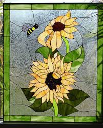 Say goodbye to dull windows with our lively sunflower stained glass windows. Vibrant Bumble Bee Sunflower Leaded Stained Glass Window Panel Stainedglasswindows Com Stained Glass Diy Stained Glass Windows Faux Stained Glass