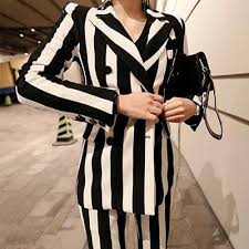 Black And White Pinstripe Suit Womens Full Sleeve V Neck Striped Slim Suit In Black White Black Women Fashion Fashion Suits For Women