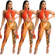 Sexy Halter Neck Top Printed Trousers Two Piece Set Women S Clothing China Two Piece Set And Women Suit Price Made In China Com