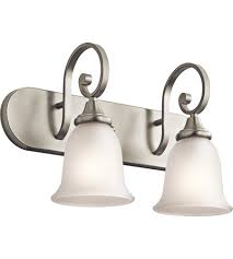 The evanson collection offers a variety of vanity lighting fixtures with an attractive brushed nickel finish. Kichler 45054ni Monroe 2 Light 18 Inch Brushed Nickel Wall Mt Bath 2 Arm Wall Light In Satin Etched Glass Incandescent