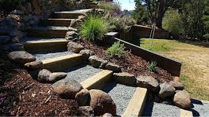 Rebuild Of Timber Garden Steps With Blue Pathway Rock Rock Wall Landscape Garden Steps Fall Front Porch