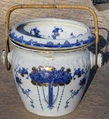 Shop with confidence on ebay! Vintage Flow Blue White Ceramic Pottery Slop Jar Handle Gold Gilt Chamber Pail Bucket Flow Blue White Ceramics Pottery