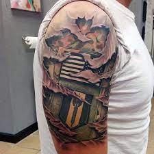 Realistic 3d Mens Military Camouflage Torn Skin Tattoo With Army Patches Half Sleeve Design Army Tattoos Military Tattoos Camo Tattoo