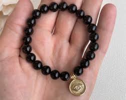 Larimar Evil Eye Drittes Auge mit Schwarzem Turmalin 8mm Perlen Armband 7,5  Zoll