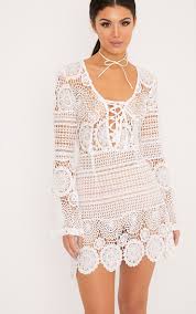 Breanna White Tie Front Flare Sleeve Crochet Lace Dress Dresses Prettylittlething Prettylittlething Crochet Dress Sheer Lace Dress Lace Bodycon Dress