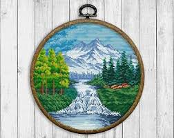 115 x 115 stitches 14 count aida: Landscape Modern Cross Stitch Pattern Nature Cross Stitch Chart Mountain Forest River Clouds Needlepoint Chart Instant Download Pdf In 2021 Cross Stitch Patterns Modern Cross Stitch Patterns Cross Stitch