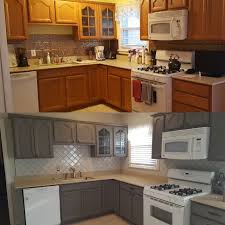 Kitchen Updates On A Budget Honey Oak Cabinets Painted Gray Updated White Arabesque Backspla Painting Oak Cabinets Backsplash For White Cabinets Oak Cabinets