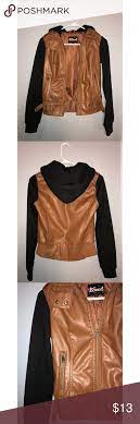 Brown Faux Leather Jacket W Black Hood Sleeves Brown Faux Leather Jacket Leather Jacket Black Hood