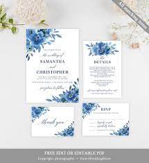 Navy Floral Wedding Invitation Set Template Printable Wedding Invitation Set Mo Flower Wedding Invitation Blue Wedding Invitations Floral Wedding Invitations