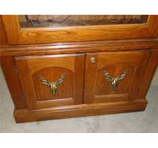 This fully locking cabinet features storage behind the drop front door service at american furniture. Wooden Gun Cabinet W Duck Scene Glass Front Brass Deer Pulls
