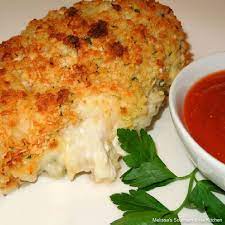 Deep fried to get that golden crust known with panko the chicken breast is cut in half horizontally and is pounded to about 1/4 inch or a slightly thicker chicken 1/2 inch or so. Oven Fried Provolone Stuffed Chicken Breasts Melissassouthernstylekitchen Com