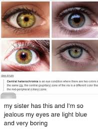 Central heterochromia is a very rare condition affecting less than 1% people in the world. Dee Lirium Central Heterochromia Is An Eye Condition Where There Are Two Colors I The Same Iris The Central Pupillary Zone Of The Iris Is A Different Color Tha The Mid Peripheral Ciliary Zone