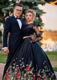 Two Piece Black Long Sleeves Prom Dress 2018 Prom Dress Floral Print Vestidos De Noche Mexicanos Vestidos De Quinceanera Negros Vestidos Elegantes Mexicanos